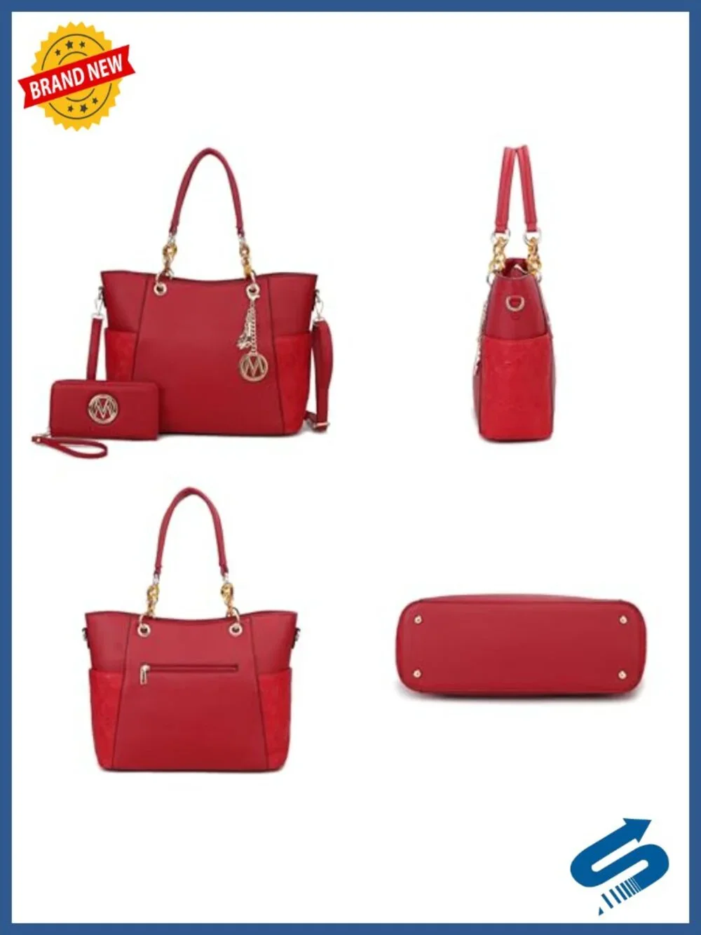 Vegan Leather Tote Bag Set with Wallet and Acrylic Chain, Top Handle Satchel